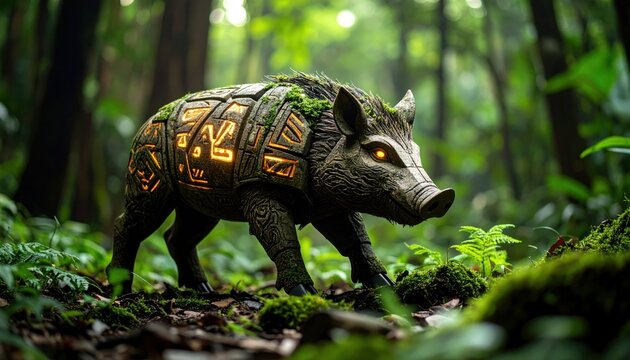 Illuminated Wild Boar in Lush Jungle Forest with Fantasy.