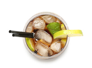 Glass of cold Cuba Libre cocktail on white background