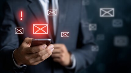 A businessman in a suit holds a smartphone, with alert notifications indicating new emails for immediate attention.