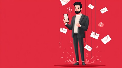 A concerned young man of Middle-Eastern descent checks his phone, surrounded by floating email icons on a vibrant red background.