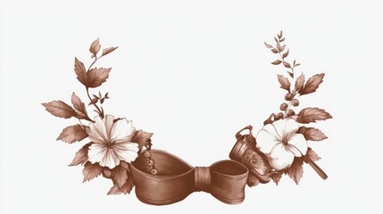 Floral Wreath with Ribbon in Sepia Tones