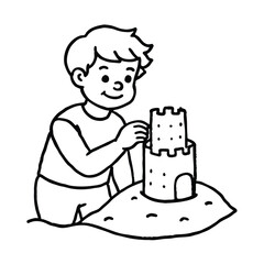 Detailed and artistic hand-drawn style line art focusing on a child's hands creating a sandcastle. This close-up vector emphasizes the tactile nature of play and creativity. Great for blogs, craft tut