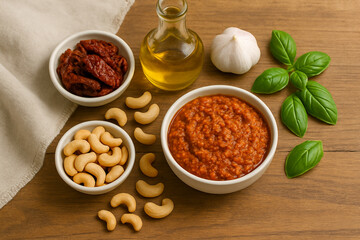 Pesto Rosso in Ceramic Bowl with Ingredients – AI-generated
