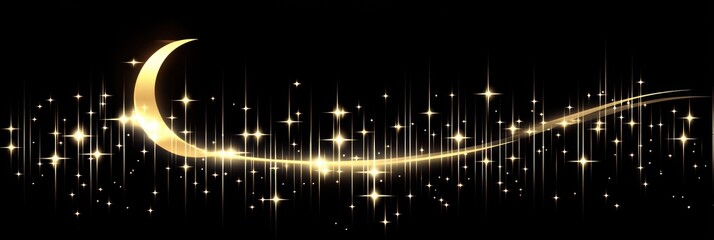 Golden Crescent Moon and Glittering Stars on Black Background