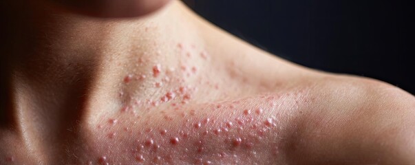 Weak immune in fatigue effect concept. Close-up of skin with acne showing texture and irritation.
