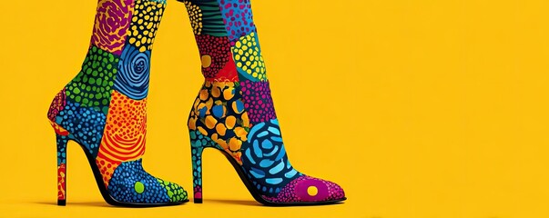 Fluid retention in swollen ankle concept. Colorful high-heeled boots on a bright yellow background.