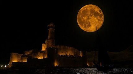 Medieval Castle Silhouette with a Glowing Full Moon