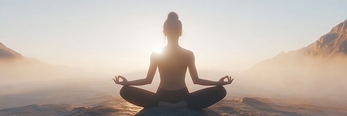 Meditative Yoga Silhouette in Mountain Landscape at Sunrise