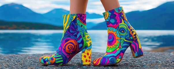 Fluid retention in swollen ankle concept. Vibrant and colorful ankle boots by the serene lakeside.