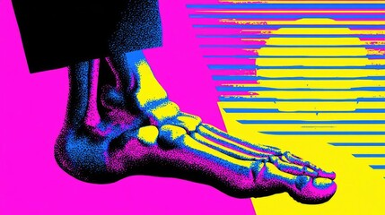 Swelling check for foot edema concept. An artistic depiction of a human foot skeleton in vibrant colors.