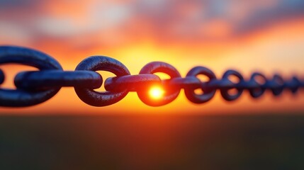 Metal Chain Link Against Fiery Sunset Background