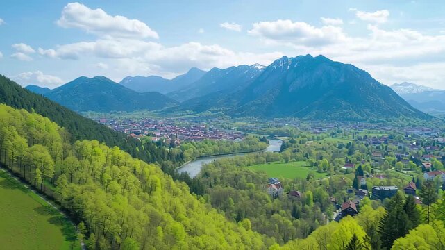 Stunning aerial view of Auerbach nestled between mountains in Bavaria, Germany during a sunny day, Aerial view of the city Auerbach in Germany, Bavaria on a sunny day in spring