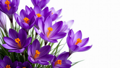 A vibrant display of purple crocus flowers with bright orange stamens against a clean white background, perfect for spring.