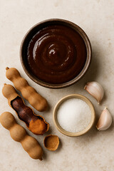Tamarind Sauce in Ceramic Bowl with Ingredients – Top View – AI-generated