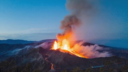 Fototapeta premium Intense volcanic eruption captured at twilight with streams of lava, bursting flames, smoke plumes against the blue sky, showcasing Earth volatile forces and geological transformation in real-time.