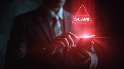 A businessman alertly examines his smartphone as a warning of 'SCAM!' appears in glowing red, highlighting digital security concerns.