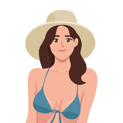 Woman wearing a wide-brimmed hat and blue bikini top poses confidently in a summery. Flat Vector character illustration