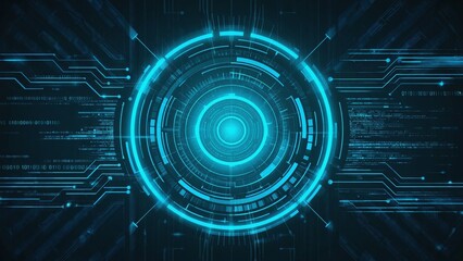 Futuristic digital interface with glowing circular HUD elements and data streams in virtual cyberspace matrix concept for advanced technology, cybersecurity, and artificial intelligence innovation