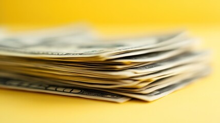 Stack of Hundred Dollar Bills on Yellow Background