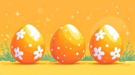 Three Decorated Easter Eggs on a Spring Background