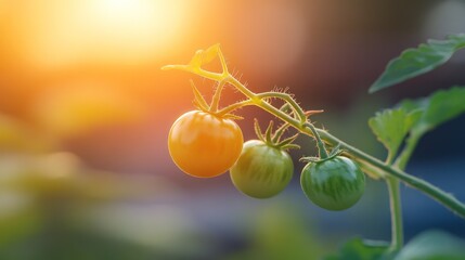 Three Tomatoes Growing on Vine in Golden Sunlight