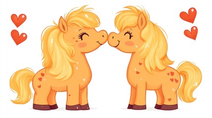 Two Cute Cartoon Ponies in Love with Hearts
