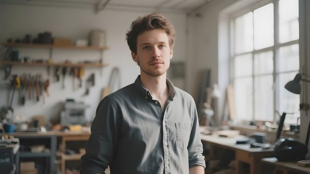 A man stands confidently in a well-lit workshop, surrounded by tools and work materials. - Powered by Adobe