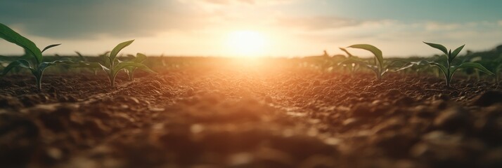 Young Corn Plants at Sunset in Field