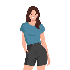 Casual Chic Woman in Blue Top and Black Shorts. Flat Vector character illustration