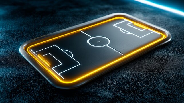 football field concept with glowing neon lines and digital layout on dark textured surface for tech sport theme, Generative AI