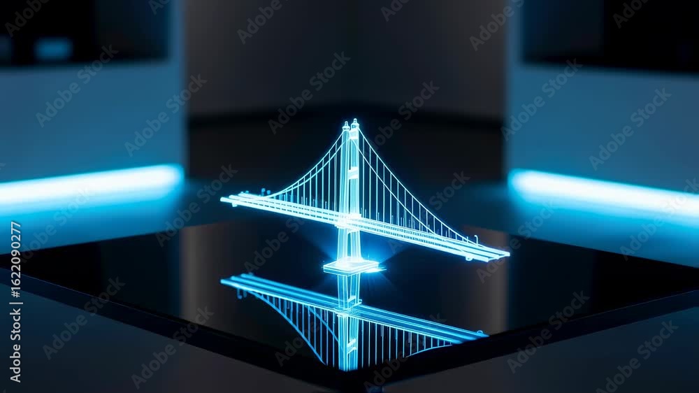 Poster illuminated wireframe projection of bridge transforming from base to full structure then back, innov