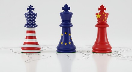 Naklejka premium Global power competition concept with chess pieces of USA, EU and China