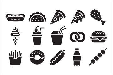 Black and White Fast Food Icons Set for Digital Menus and Apps