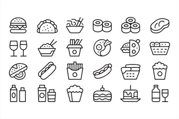 Fast Food, Snacks, and Sweet Treats Icons for Digital Menus and Marketing

