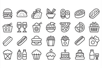 Icon Set Representing Popular Fast Foods and Desserts for Apps and Websites