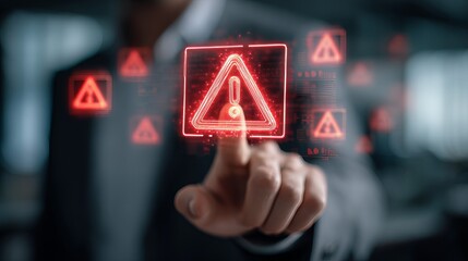 A business professional interacts with a digital warning sign in a modern office setting, emphasizing cybersecurity alerts.