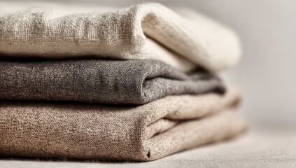Stacked linen fabrics, neutral tones, close-up, studio shot, textile texture, home decor
