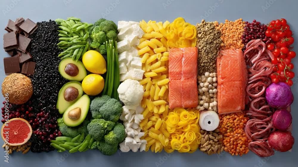 Poster nutrient rainbow: a captivating overhead shot of a diverse array of colorful ingredients, beautifull