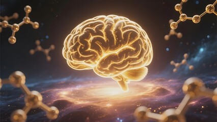 Obraz premium Golden Brain Suspended in Space with Molecular Structures