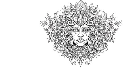 Intricate Line Art: Sorrowful Goddess in Floral Embrace