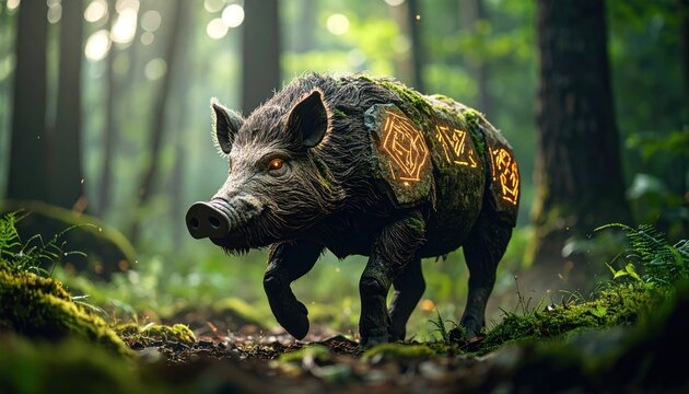 Mystical Forest Hog with glowing runes in a lush woodland.
