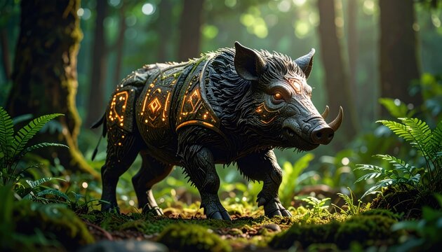 Armored Boar in Forest with Fantasy Creature, and Glowing Details.