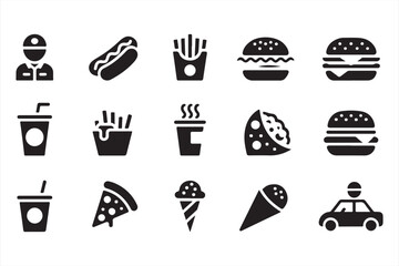 Collection of black and white food icons, featuring drinks, burgers, pizza, fries, ice cream, and snacks for digital design