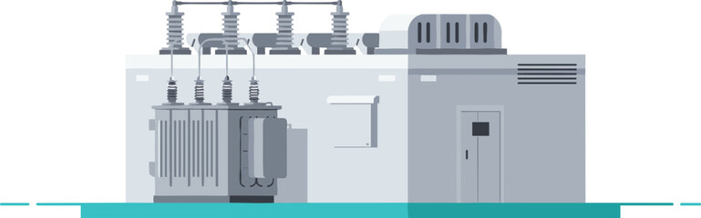 Modern power substation vector illustration, electric transformer system, high voltage distribution building, industrial utility infrastructure, flat design energy station