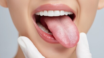 Obraz premium Wide open mouth with extended tongue during medical dental examination showing healthy oral cavity and gloved healthcare inspection, Generative AI