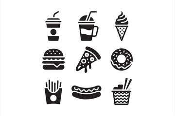 Black and White Icon Set of Drinks, Burgers, Ice Cream, and Fries