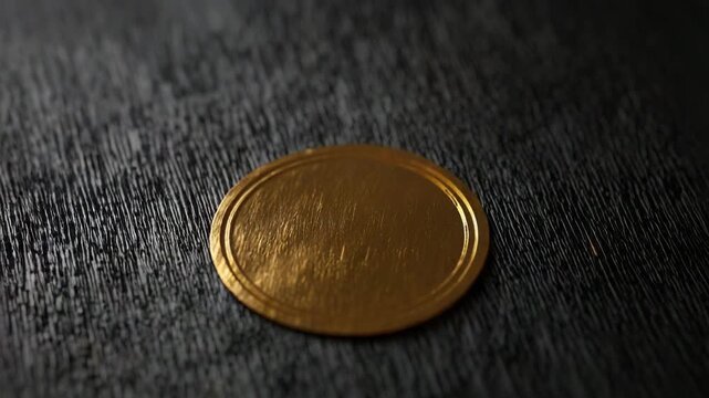 Golden round label resting on black textured surface