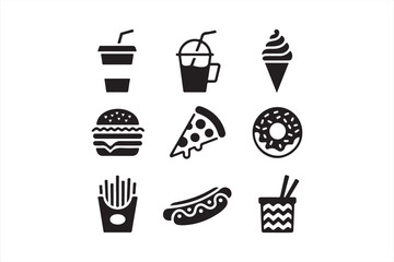 Set of Black and White Icons for Fast Food and Snacks