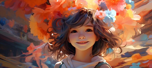 A brightly colored and cute cartoon girl with a big flower on her head is extremely happy, generative AI