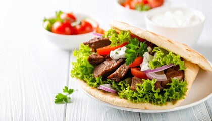 Delicious Gyro Pita Bread with Beef, Tzatziki Sauce and Fresh Vegetables, Food Photography, Greek Cuisine Gyro, Greek Food